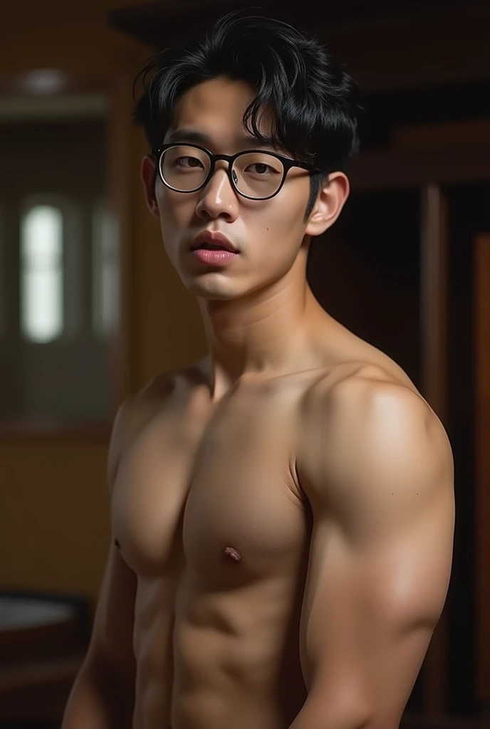 best quality, masterpiece, 8K, HD, masculine, 30 year-old korean gentleman, muscular, nerdy look, glasses, shirtless, big bulge, golden ratio, wear a tie,sexy, god rays, sharp focus, perfection, no watermark,wearing no underwear, sexy, Masculine and handsome, muscular, Beautiful muscles, hairy body,Full body sweat, lewd face, firm chest, sexual, provocative, lustful, accessories include a luxury wristwatch, looking at the viewer, muscle veins, lightly tanned skin, drooling, slimy, sticking out tongue, wanting to show off chest