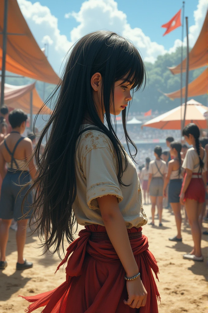 Girl with long black hair, Dressed in torn and ugly clothes, she stands with her back turned in the middle of a tournament field where everyone sees her., Realistic digital art