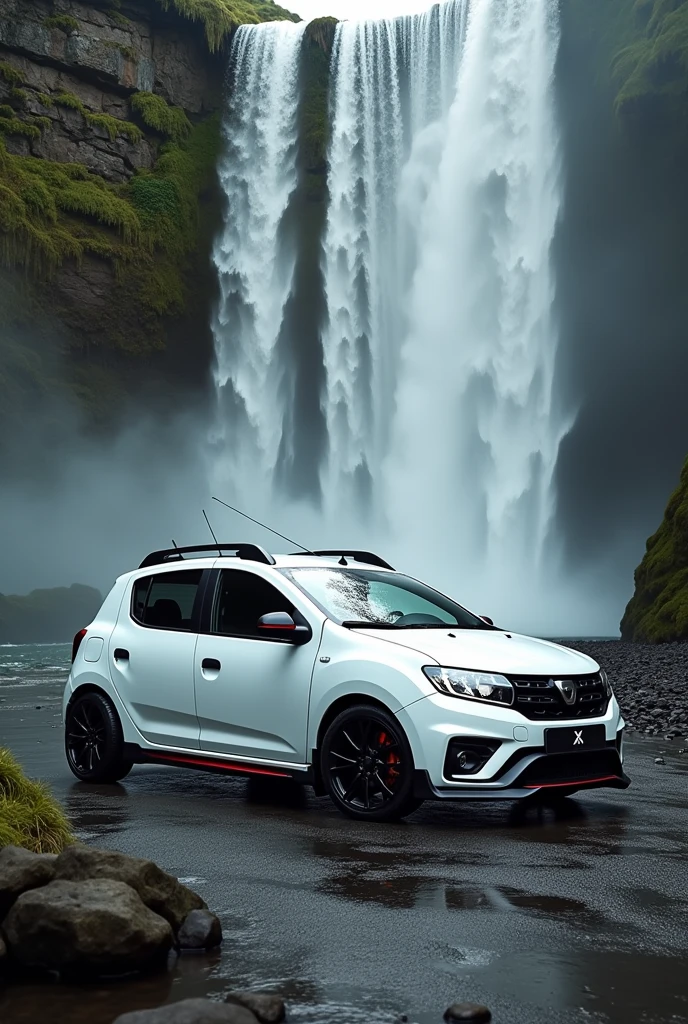Modified white Sandero in front of a waterfall