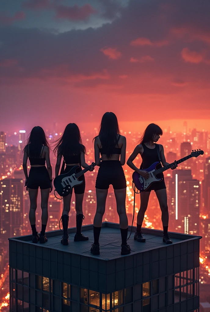 Korean metal band of 4 girls, performing at night on the roof of a skyscraper against the backdrop of a burning city