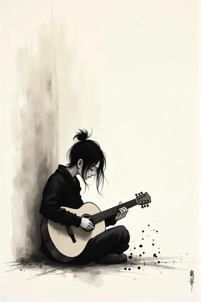 with guitar sitting down. Sumi-e Art.