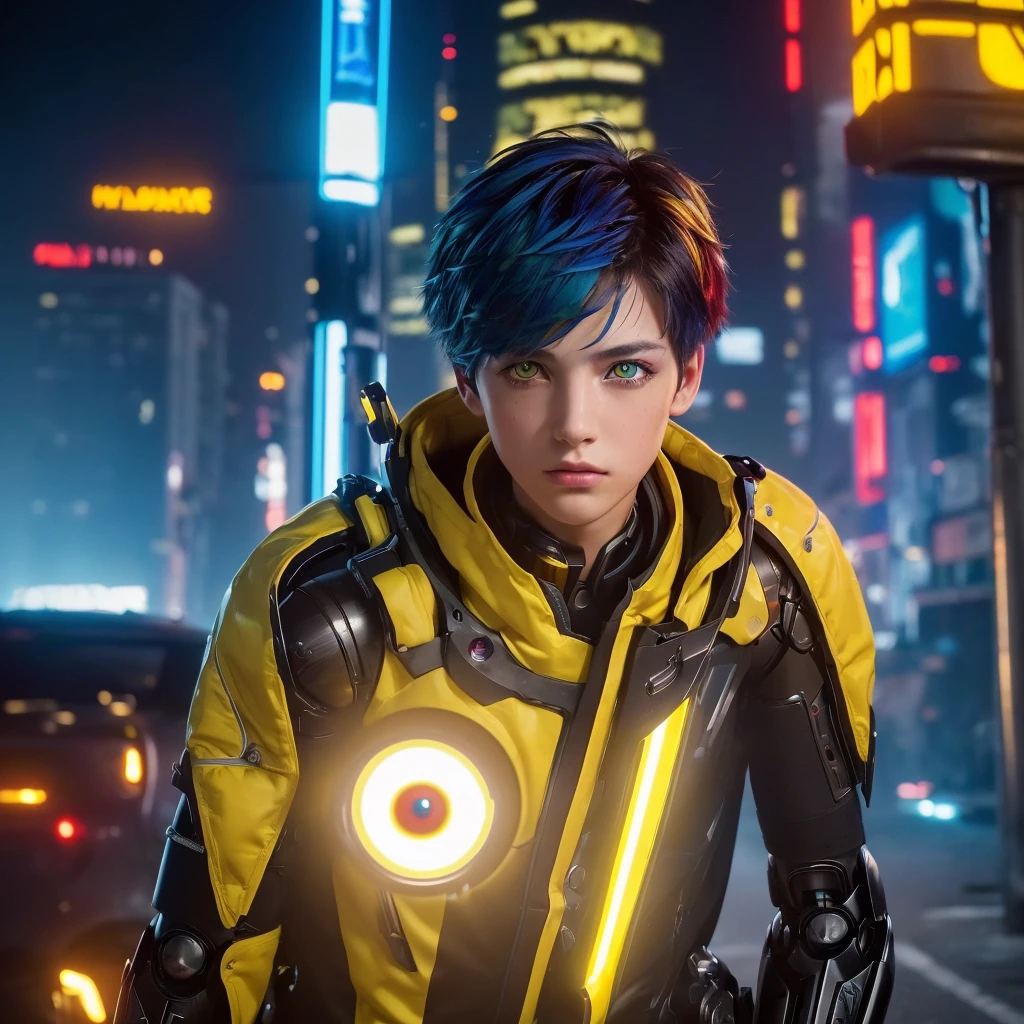 (masterpiece:1.3), (Best Cinematic Quality:1.2), (Very detailed settings:2), (soft+Artistic lighting), (One boy), short blue haired, (eye+yellow+red:1.4), (multicolored eye+Heterochromia iridis), wearing cyberpunk clothes, Futuristic, Technical, Cityscape (Around the robot)0.4], Creating a dramatic landscape.