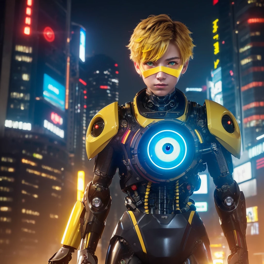 (masterpiece:1.3), (Best Cinematic Quality:1.2), (Very detailed settings:2), (soft+Artistic lighting), (One boy), short blue haired, (eye+yellow+red:1.4), (multicolored eye+Heterochromia iridis), wearing cyberpunk clothes, Futuristic, Technical, Cityscape (Around the robot)0.4], Creating a dramatic landscape.