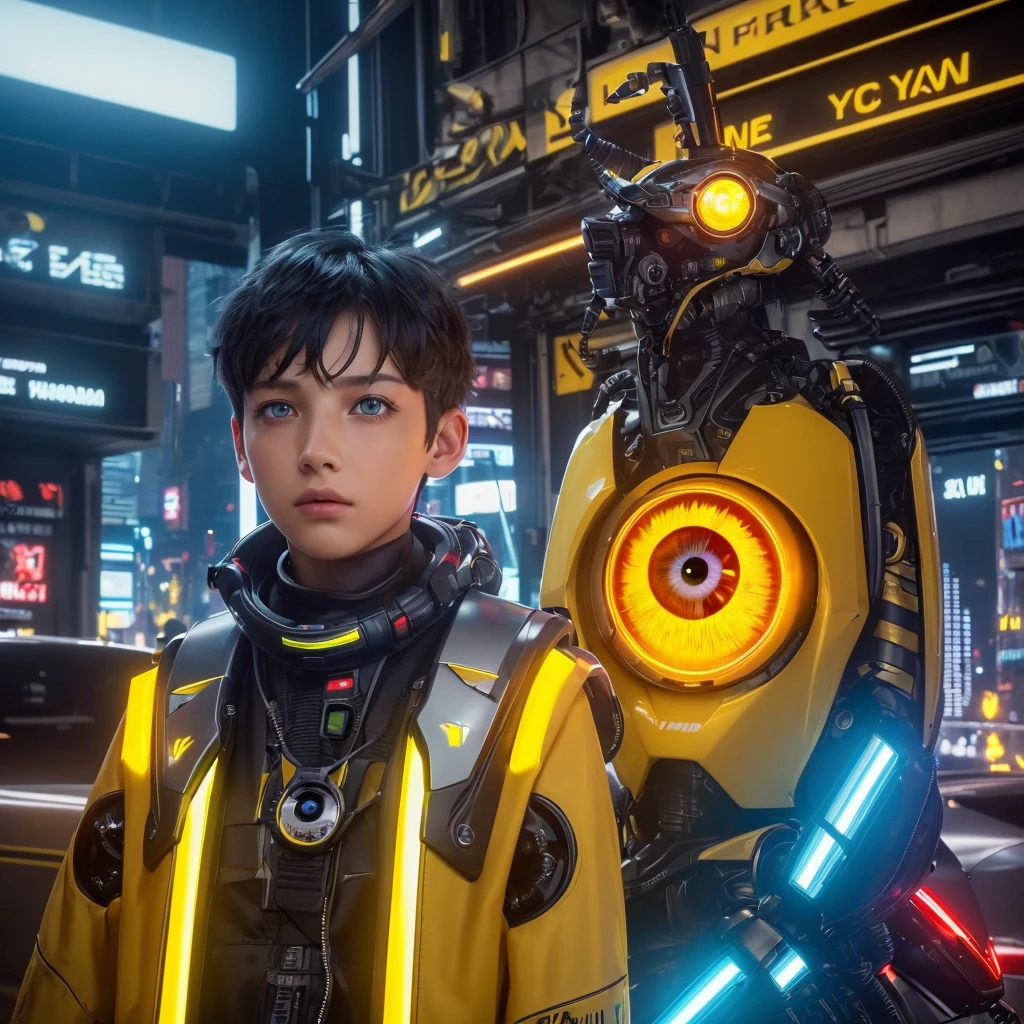 (masterpiece:1.3), (Best Cinematic Quality:1.2), (Very detailed settings:2), (soft+Artistic lighting), (One boy), short blue haired, (eye+yellow+red:1.4), (multicolored eye+Heterochromia iridis), wearing cyberpunk clothes, Futuristic, Technical, Cityscape (Around the robot)0.4], Creating a dramatic landscape.