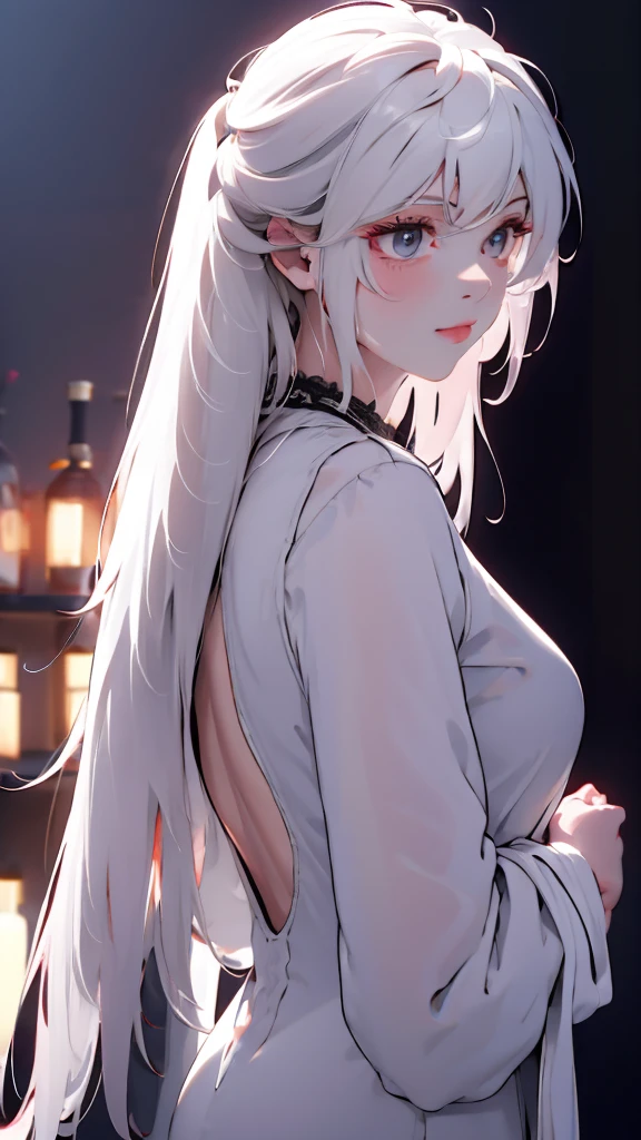 1 Girl, medium light white hair, light white eyes, wearing Black Suit 4D , night TOWN , high res, ultrasharp, 8K, masterpiece, looking from behind