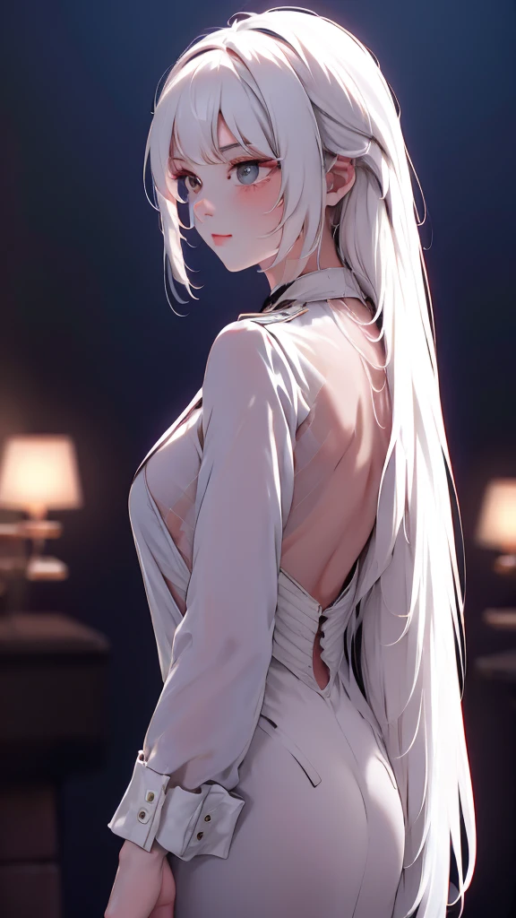 1 Girl, medium light white hair, light white eyes, wearing Black Suit 4D , night TOWN , high res, ultrasharp, 8K, masterpiece, looking from behind