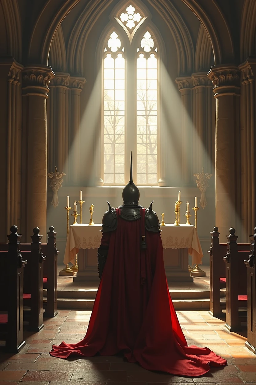 Medieval fantasy image of a Templar warrior kneeling before the altar of a cathedral.