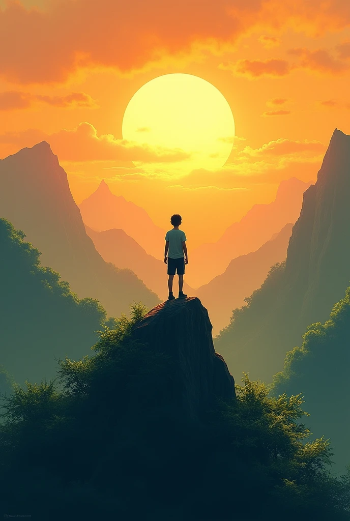 Peace of mind place mountain and trees are green and sky is orange and one boy stand up to mountain
