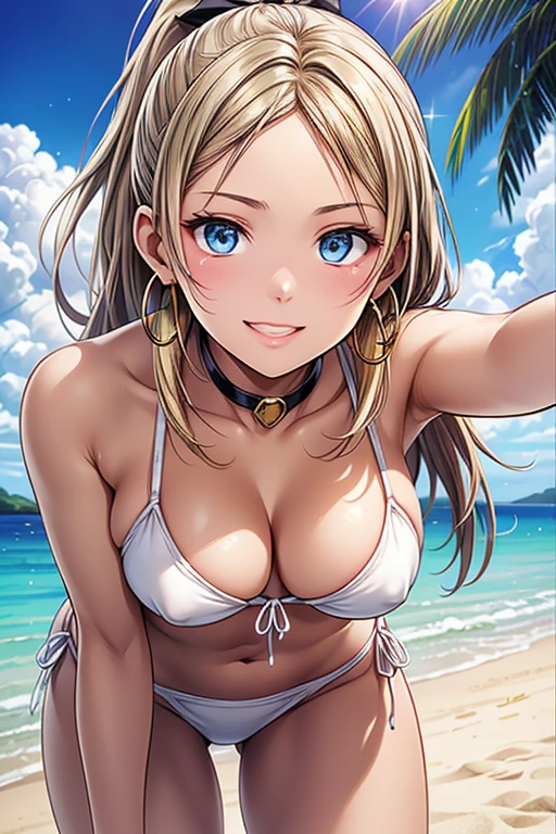 #Basics A girl is posing for a photo, (((One Girl))), (((:1.4)) + ((cute:1.4)) + ((15 years ak
#Clothing Accessories
(White Bikini Swimsuit:1.1) + (white high heel sandals) + (Black choker),
(Gold hoop earrings), (gold fancy bracelet),
break
#Features
((Blonde:1.2)) + ((Allback bangs + The forehead is visible)) + ((ponytail) : Long Hair + Tie with black ribbon),
((Droopy eyes:1.4, Big eyes:1.2), blue eyes), (Small breasts), (Neutral facial features),
break
#background environment
((noon, Sunlit tropical beach, blue sky)),
#Facial Expression Pose
((Wicked Smile)), ((Confident and powerful pose, Leaning forward)),
#composition
((To the camera), (Angle from the front), (Character Focus), (Cowboy Shot)),
break
#Body parts elements
(Slim figure),
(Symmetrical facial features),
(Detailed Hair, Beautiful Hair, Shiny Hair),
(double eyelid, Long eyelashes, Thin eyebrows:0.5, Thin eyebrows:0.5),
(Expression of fine eyes, Beautiful and delicate eyes, Sparkling eyes, Eye Reflexes, Glitter Eyeliner),
(Human Ear),
(Beautiful Nose, Thin Nose),
(Glossy Lips, Beautiful Lips, Thick lips),
(Detailed skin, Textured skin, Beautiful Skin, Oily skin),
break
#quality
(((最高quality)), ((masterpiece:1.3)), ((Very detailed))), ((Ultra-high resolution)), ((16K)), ((1080P)), ((Full HD)),
((Anatomically correct)), ((Realistic)), (3DCG), ((Oil painting)),
((comics, anime)), (CG illustration), (RAW Photos),