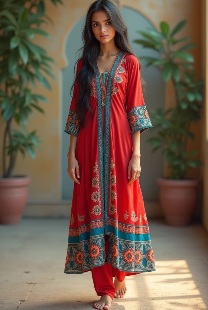Standing girl short dress Pakistani front looking shoesless realistic celebrity red blue dress