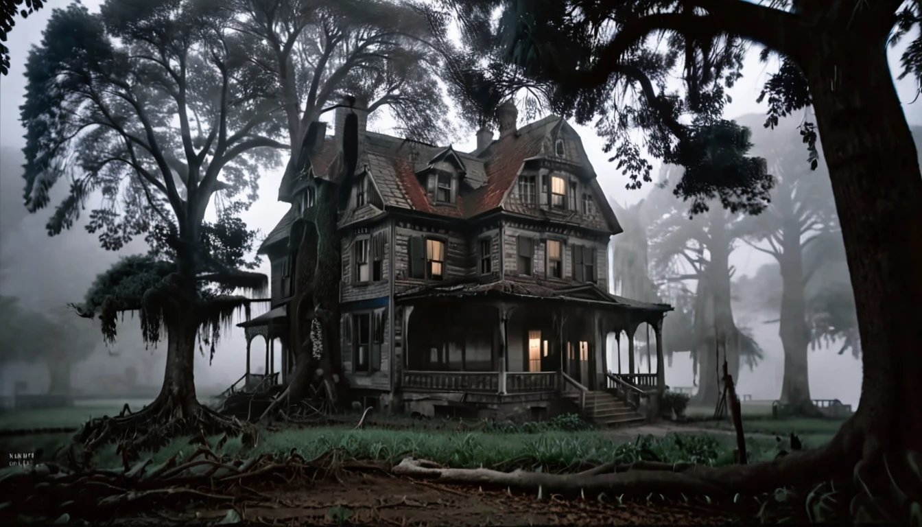 Spooky old house background design. 40s style old house. evening. foggy. large tree with spreading roots. scary, tense, dark, horror. 8k, super detail, best quality, UHD, 8k