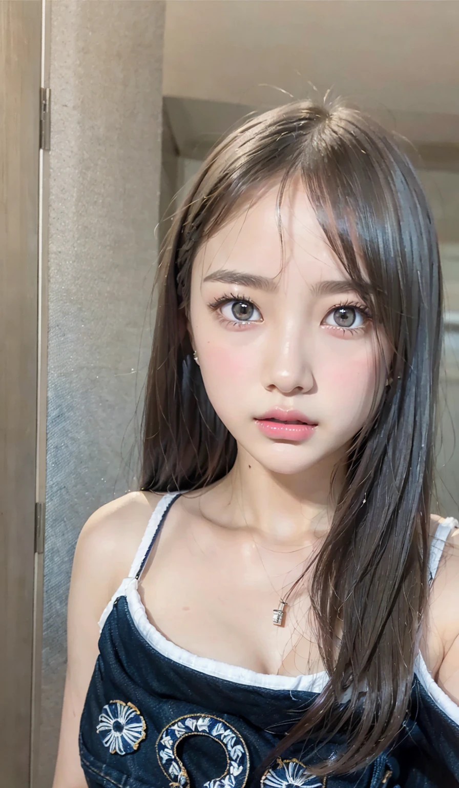 ((Denim Jacket、White Tube Top、mini denim skirt))whole body viewing angle、Extraordinary sexy beauty、beautiful, calm and bright look、Sexy and refreshing look、Perfect beautifulcute face、Very bright, Bright Blue Eyes、Long bangs between the eyes、Long black hair straight hair、Very cute、beautifully、Sexy young tiny woman、Very perfect beautiful cute face、、Real 17 year old female、cute,((Small breasts))、(()) And a very slim figure,,,,,、Very thin leganicules、Earrings、Pink Lip、choker、Real、sexual、Highest quality、Detailed face、Detailed Background、Depth of written boundary、sexual、alone、night,Highest quality、High resolution、超High resolution（Real：1.4）Detailed eyes、Gradation、Perfect anatomical figure、Woman with perfect body、Highly detailed skin、Very detailed face、Beautiful eyes in every detail、Background blur、