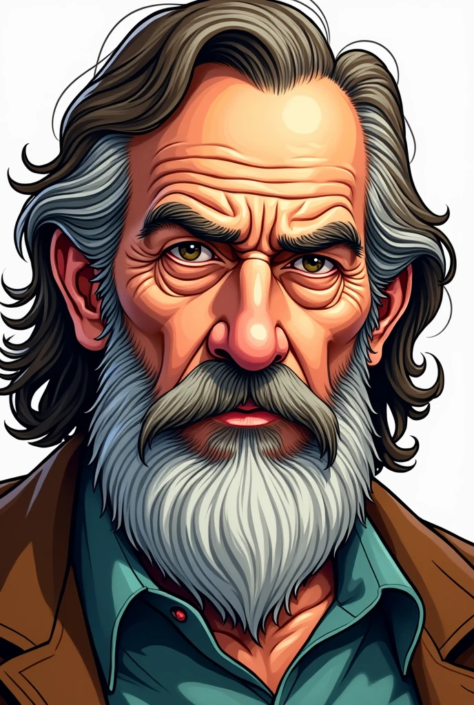 A man with a thick, graying beard and long, brown hair, stares directly at the viewer with a serious expression.  His eyes are deep-set and intense, conveying a sense of wisdom and experience. The image is rendered in a cartoon style, with bold lines and vibrant colors, capturing the essence of his personality.

[A portrait capturing the essence of wisdom and experience, reminiscent of the work of  Al Hirschfeld], [Bold, graphic lines, highlighting the textures of the man's hair and beard, with a simple background, creating a sense of focus on the subject. The colors are vibrant and saturated, evoking a sense of energy and vitality.]