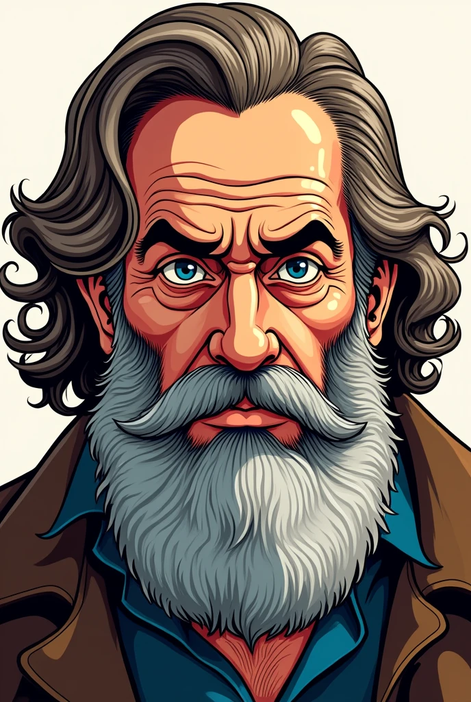 A man with a thick, graying beard and long, brown hair, stares directly at the viewer with a serious expression.  His eyes are deep-set and intense, conveying a sense of wisdom and experience. The image is rendered in a cartoon style, with bold lines and vibrant colors, capturing the essence of his personality.

[A portrait capturing the essence of wisdom and experience, reminiscent of the work of  Al Hirschfeld], [Bold, graphic lines, highlighting the textures of the man's hair and beard, with a simple background, creating a sense of focus on the subject. The colors are vibrant and saturated, evoking a sense of energy and vitality.]