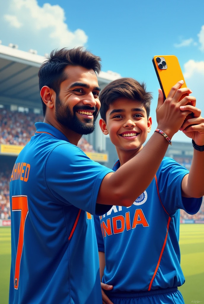 India cricket fan 20 Year old cute boy wearing India cricket T shirt kit number 7 with name "AHMED" write on back, boy standing with MS DHONI, MS DHONI wearing India cricket t shirt with name DHONI, The boy is holding a iphone 15 pro max mobile and taking a selfie with him in cricket stadium, art painting realistic photo holographic picture