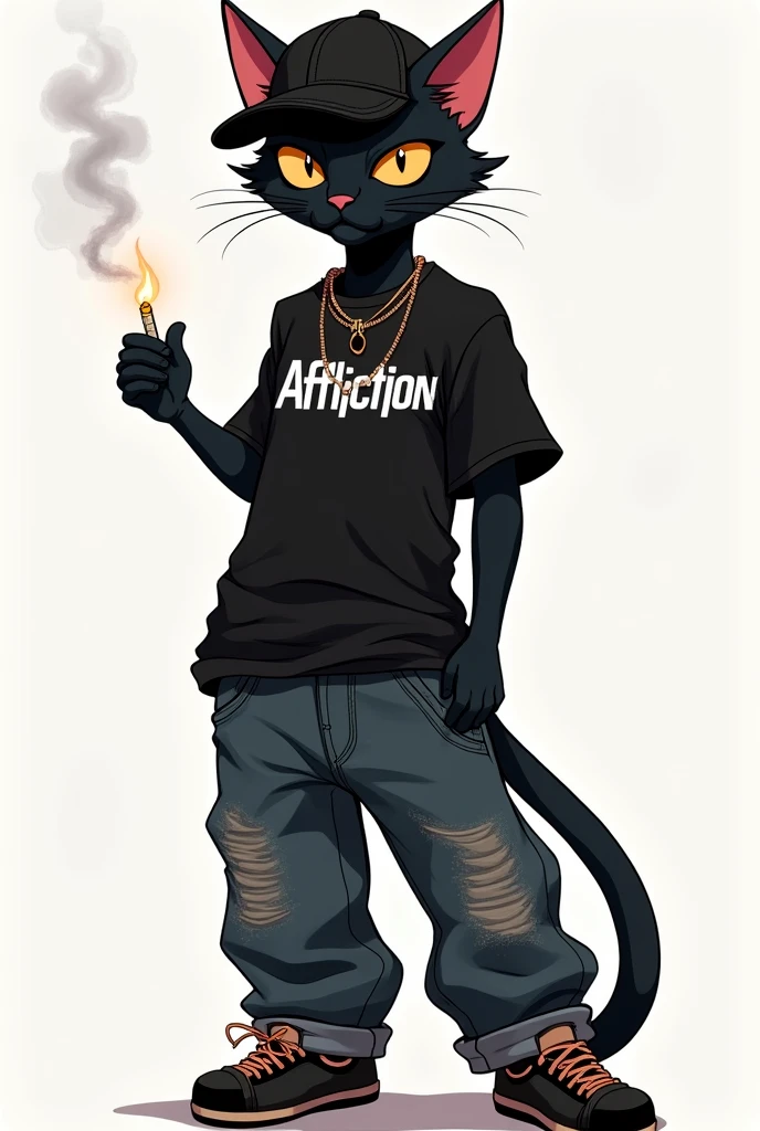 Make me a black cat with a black affliction t-shirt, with jnco pants and a black hat all in a lively but punk style, simple en 2d en png, Also that he is skinny and holding a cigarette