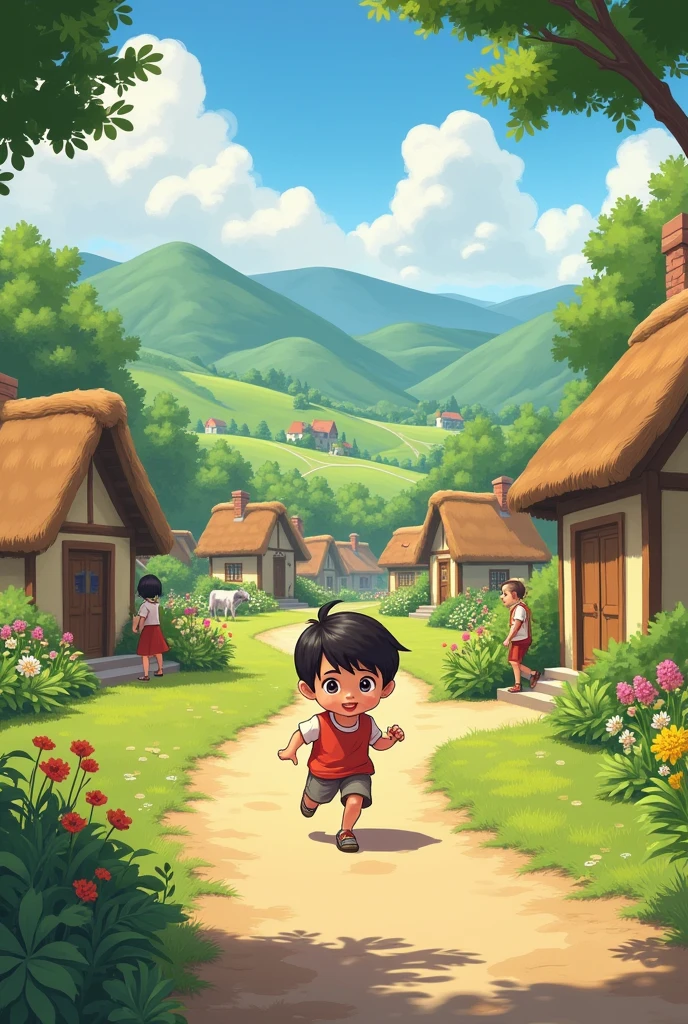 The peaceful village setting and the child rushing to the toilet.
