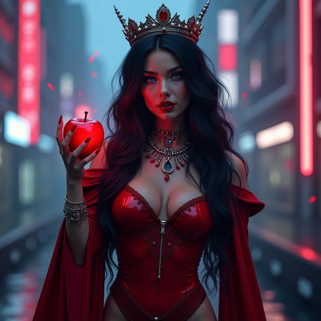 Girl de frente de pé ,Black long hair，Black Queen，accessories，Apple in hand，Poison apples，Witch Queen，Red lipstick , Masterpiece, high quality, high resolution, volumetric lighting, subsurface scattering, 8k, Beautiful woman, (morena olho azul skin), neon sky,cidade futurista neon, látex transparente vermelho, (large butt), large breasts, (long-sleeve blouse), (cotton-shorts:1.2), wavy