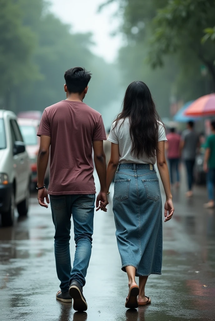 A boy age 27 south India from andhrapradesh wear jeans and t-shirt dusky skin and there was a girl age 25 north India from mumbai looks very modern she wears western dress looks very beautiful and active. Both them are walking on Mumbai streets. The climate was full cloudy skies and drizzling.