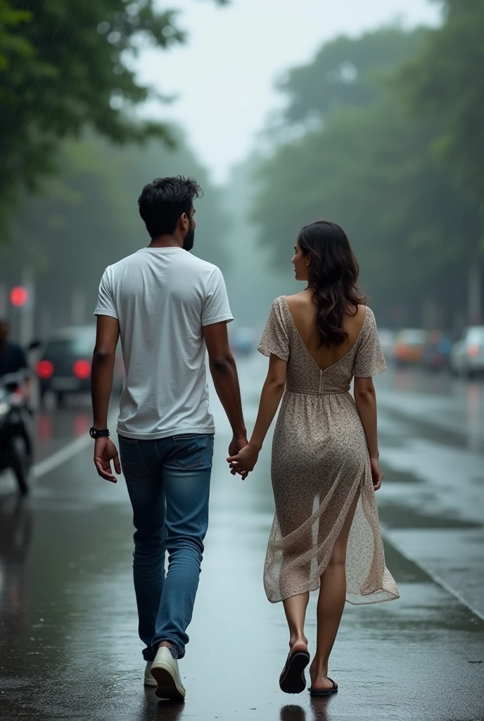A boy age 27 south India from andhrapradesh wear jeans and t-shirt dusky skin and there was a girl age 25 north India from mumbai looks very modern she wears western dress looks very beautiful and active. Both them are walking on Mumbai streets. The climate was full cloudy skies and drizzling.