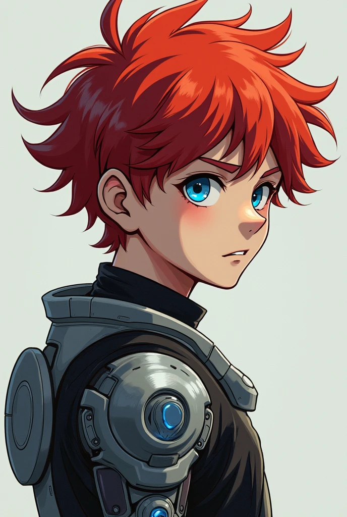 He has red hair tied back, an eyepatch on one eye, and a mechanical right arm. I want to make him more human, a young man with an eyepatch on only one eye, and short hair.、Only one arm、Also, hide it and make him a little more of a young man, like a boy in My Hero Academia.