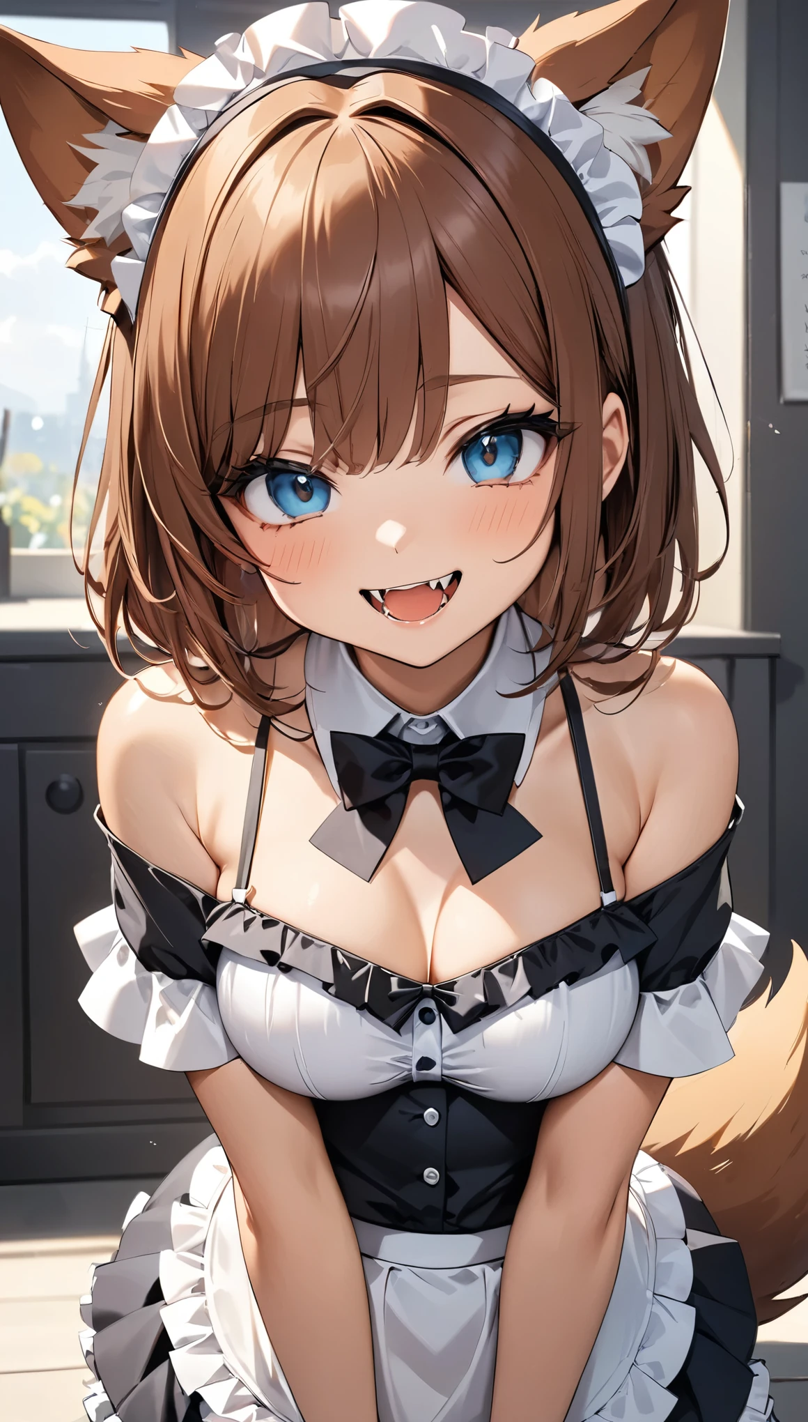 (Highest quality:1.2, Attention to detail, masterpiece:1.2, Best aesthetics), (1 girl),Kneeling, From above, dog_ear, dog_tail, smile, Chestnut Hair, Beautiful eyes, Cute face, Open your mouth, Show your fangs:1.2, Split collar, bow tie, Maid clothes, Bikini-style outfit, Ruffled bikini top, Frilled Skirt.