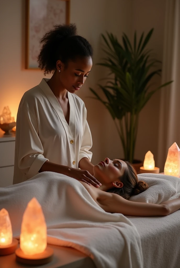 Black woman doing reiki on white woman lying on a massage table in office with quartz and salt lamps