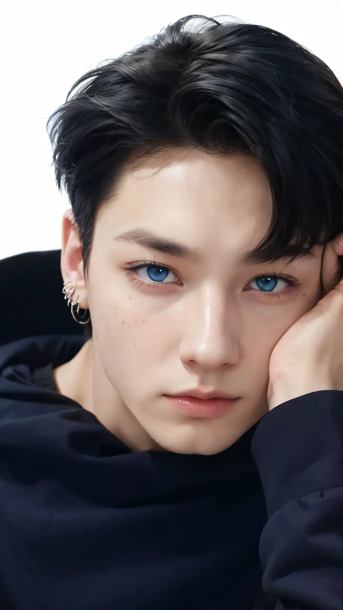 Arafed image of a man with a black shirt and green and blue eyes..., jungkook, his eyes are blue and bright, his eyes seem wise, hong june hyung, inspired by Jeon Jungkook, young pale angel, jade eyes, clear and penetrating eyes. Young man with slanted eyes, asian man, jeon jungkook with green eyes, blue eyes, man with piercings, jeon jungkook with freckles and pale skin, A close-up of a person with a black shirt and blue eyes, with blue eyes vivos, light blue eyes, with blue eyes!!!!, piercing blue eyes, his frank blue eyes, piercing blue eyes, blue eyed jungkook, with blue eyes, with blue eyes brillantes, blue eyes and big forehead, blue eyes!!, Kpop idol portrait, blue eyes!!!!