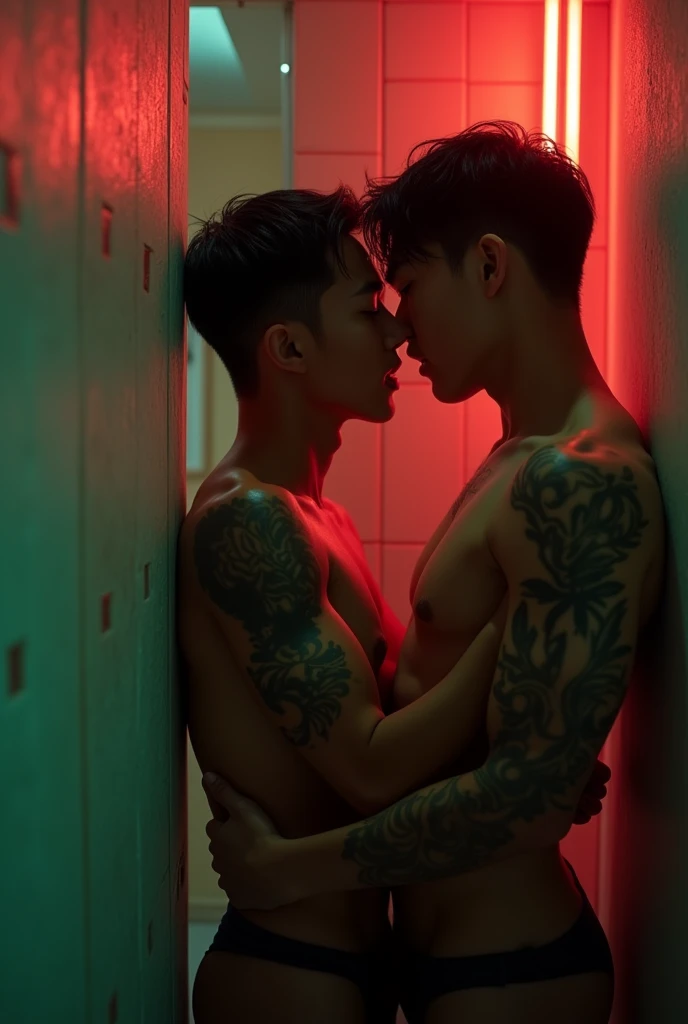 Two asian young man with tattoos are having sex in the dark bathroom. The lights is red and green neon . The first beautiful boy, wearing just a thin blouse and with his lower body exposed, is pressed against the cold bathroom wall, moaning. The second sexy man, who is completely naked, is thrusting into the first guy from behind.