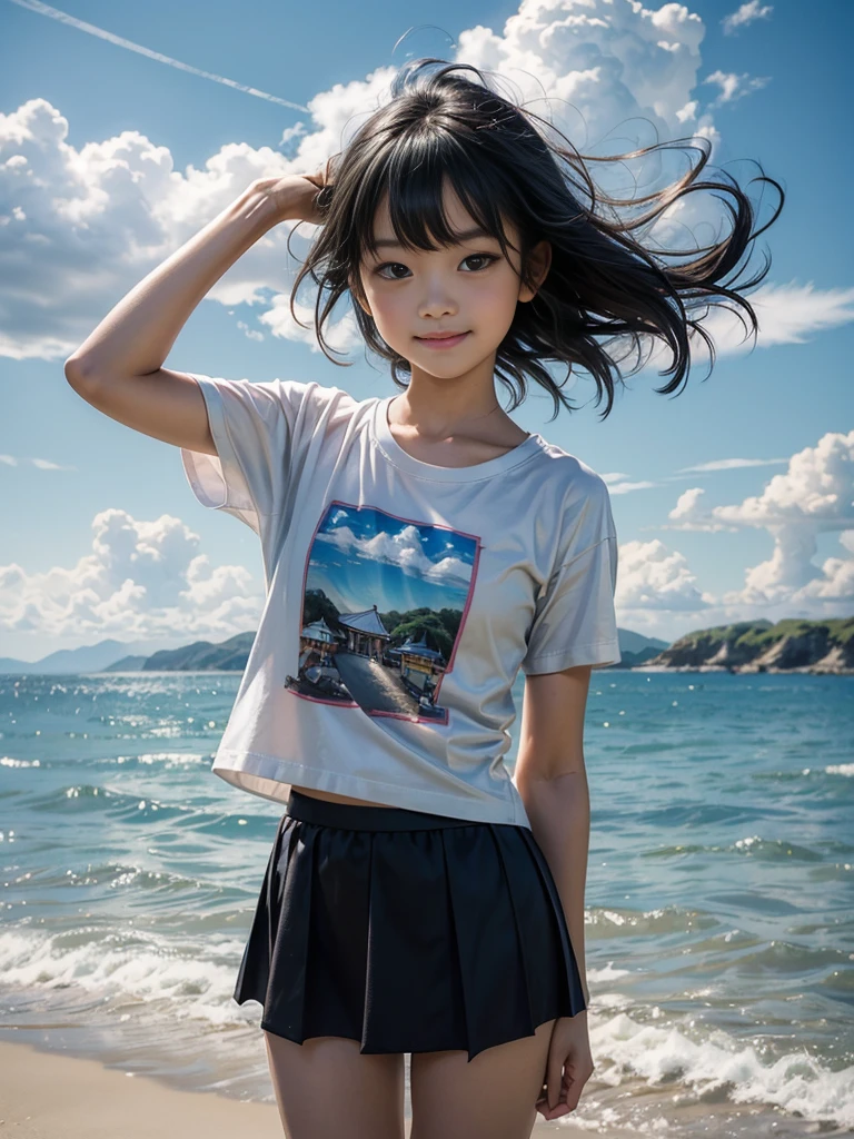 (8k),(masterpiece),(Japanese),(),((innocent look)),((Childish)),From the front and above,smile,cute,Innocent,Kind eyes,Plain T-shirt,Short sleeve,Short skirt with blue check,semi-long,Hair blowing in the wind,Black Hair,Somewhat strong wind,noon,bright