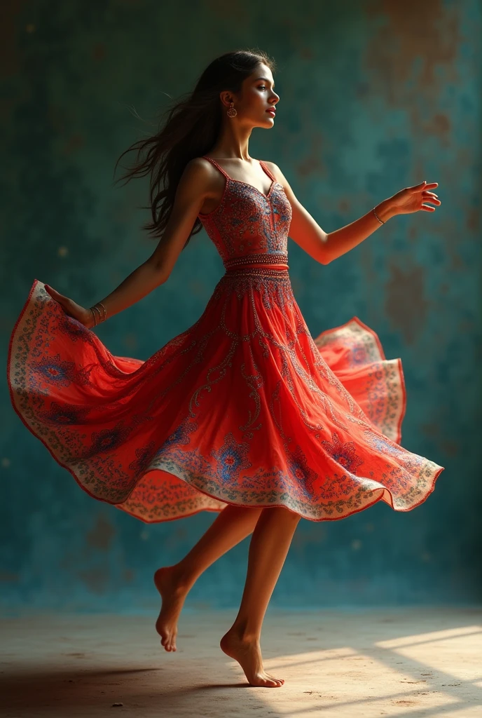 Dancing girl short dress i front looking shoesless realistic celebrity red blue dress