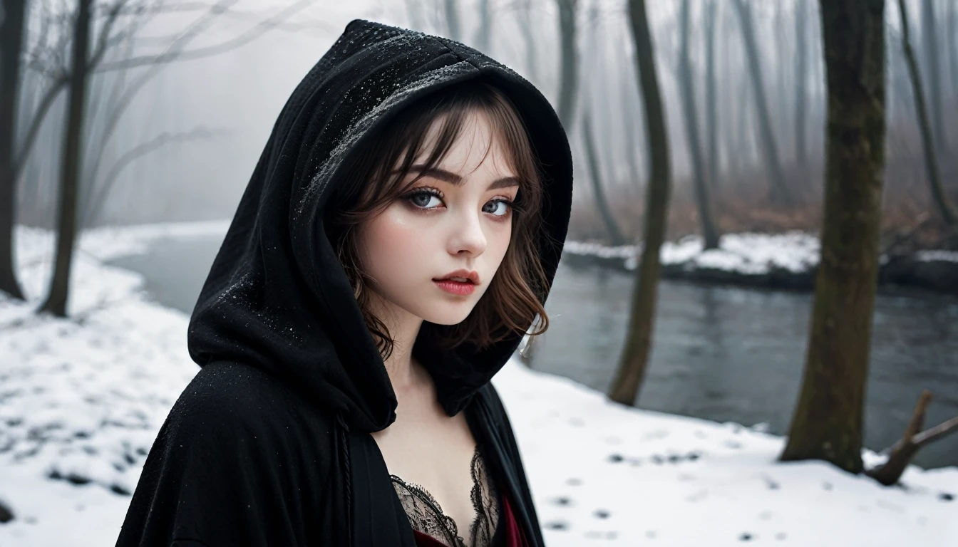 ((masterpiece, Fantasy,Only the left eye is closed,Black paint on eyelids and cheeks, A beautiful girl is far away, Wizard,Winter clothes)), Brown hair with wavy ends,short hair,Pale skin, Heavy black hooded cloak, dark緑のワンピース,assassin, Robe over grey clothes, forest, Small River, fog,Thin lips,Looking down, dark, night