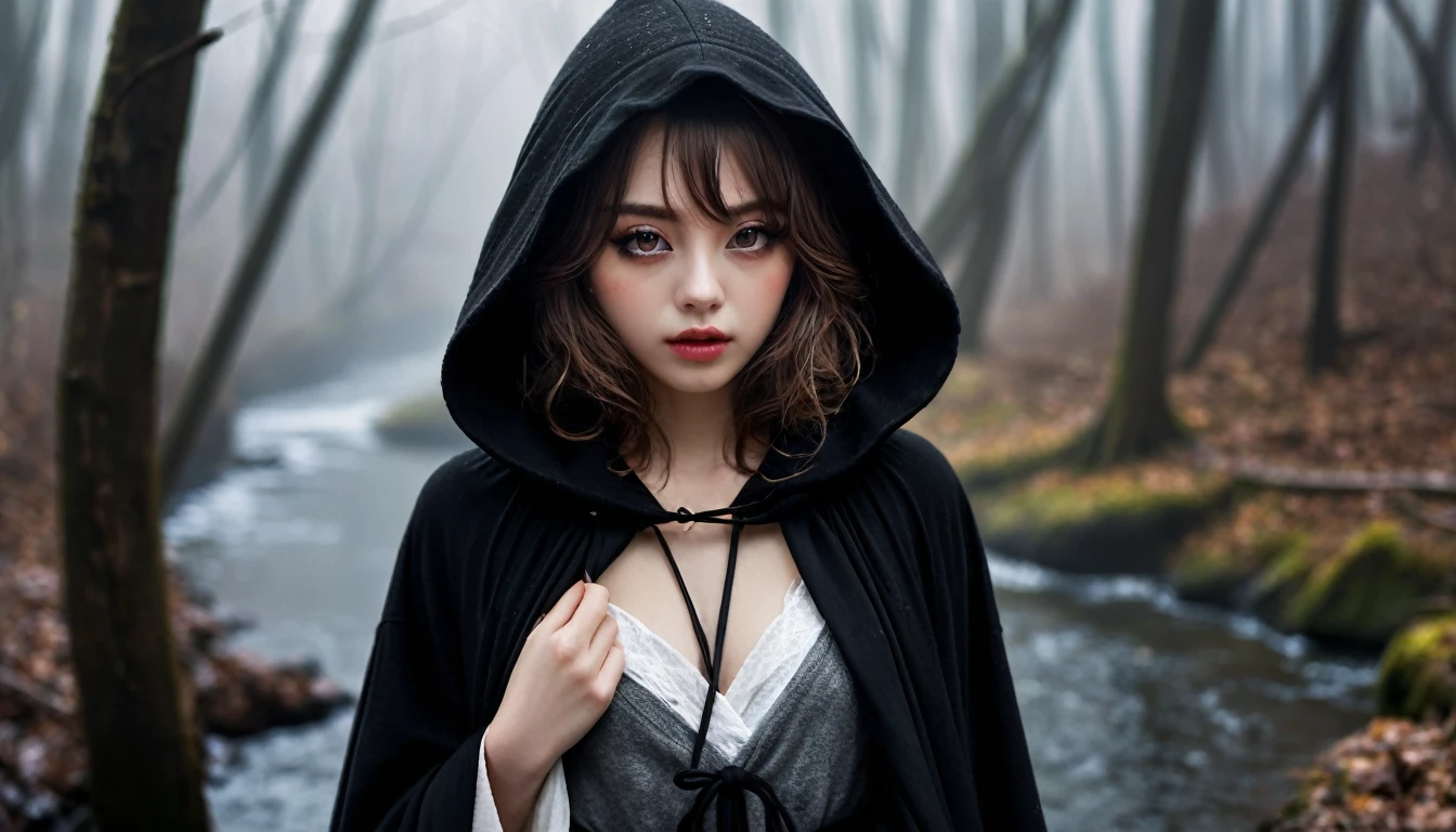 ((masterpiece, Fantasy,Only the left eye is closed,Black paint on eyelids and cheeks, A beautiful girl is far away, Wizard,Winter clothes)), Brown hair with wavy ends,short hair,Pale skin, Heavy black hooded cloak, dark緑のワンピース,assassin, Robe over grey clothes, forest, Small River, fog,Thin lips,Looking down, dark, night