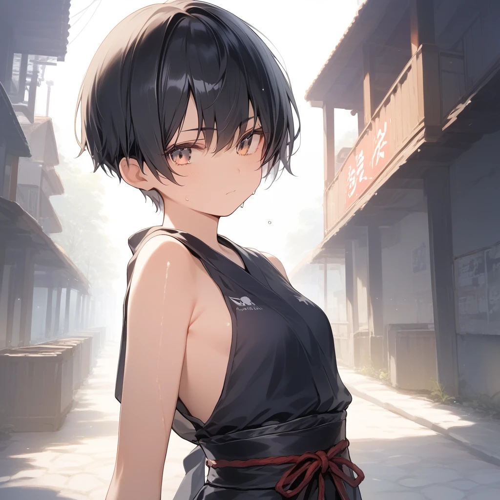 score_9, score_8_up, score_7_up, source_anime, best quality, masterpiece, official art, absurdres, highres, ultra-detailed,waifu2x,JAV Cover,break,1girl, tomboy, ninja girl, very short hair, pixie cut, small breasts, slender, beautiful detailed eyes, expressionless, sweat, sleepily, (disgust:0.3), ninja stance, night, outdoors, break,(clear line illustration:1.2), super detailed skin, shiny skin, very high resolution, very aesthetic, Best sexual lighting powered by famous artist, 4k, 8k, 16k, cute picture, beauty illustration,photoshop_(medium),,(Detailed Lighting),best anime 8k konachan wallpaper, pixiv contest winner,
