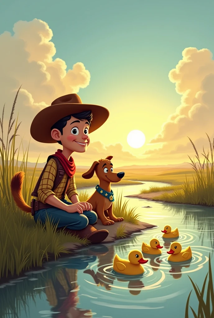 Once all the ducklings were safe, Cow Boy felt proud and happy. Rusty sat by his side, barking cheerfully. Cow Boy realized that being a great cowboy also meant helping others.

Image Prompt:

"Illustration of Cow Boy sitting on the riverbank with Rusty beside him, both looking proud and happy. The mother duck and her ducklings swim nearby. The sun is setting, creating a warm glow across the river and prairie."
