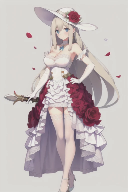 lexington \(warship girls r\),((masterpiece)),(((best quality))),((ultra-detailed)),((illustration)),((disheveled hair)),((frills)),(1 girl),(solo),1girl,bangs,bare shoulders,black footwear,blue eyes,braid,breasts,choker,cleavage,dress,earrings,eyebrows visible through hair,flower,full body,fur trim,gloves,gradient,hair between eyes,hand on hip,hat,hat flower,high heels,jewelry,knife,large breasts,layered dress,long hair,looking at viewer,medium breasts,pantyhose,pink rose,purple rose,red dress,red flower,red rose,rose,rose petals,smile,solo,standing,two-sided fabric,very long hair,weapon,white headwear,white rose,blonde hair,Standing,Ball gown dress,stockings,brown stockings,Translucent stockings,Translucent gloves,White lace wedding dress,Lace long wedding dress,Translucent Wedding Dress,Blue eyes with highlights,flaxen long hair(delicate eyes),