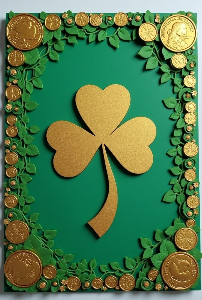 A folder now with a cover with a lucky theme that is more creative and has a golden clover, now that it is made of foam made at home with simpler materials and add coins, much more creative with more things, more details and that it looks pretty with a nice border plus a phrase referring to luck.