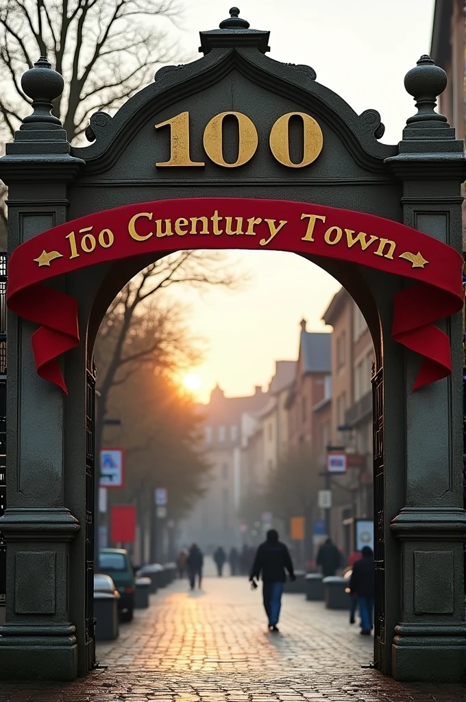 Picture of a town entrance at day time , with 100 century town written on it with golden colour , with red ribbon in the middle with written comming soon on the ribbon with golden colour ,