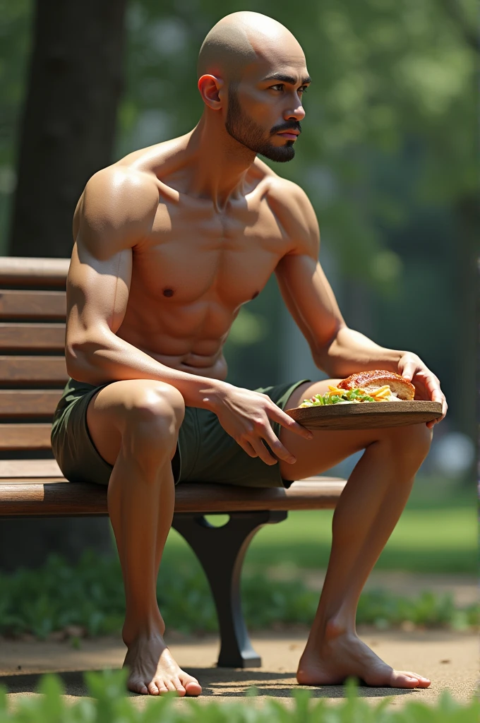 Create the image of a super realistic ectomorphic human in maximum resolution with an extremely defined and healthy body. He must be sitting on a bench eating.