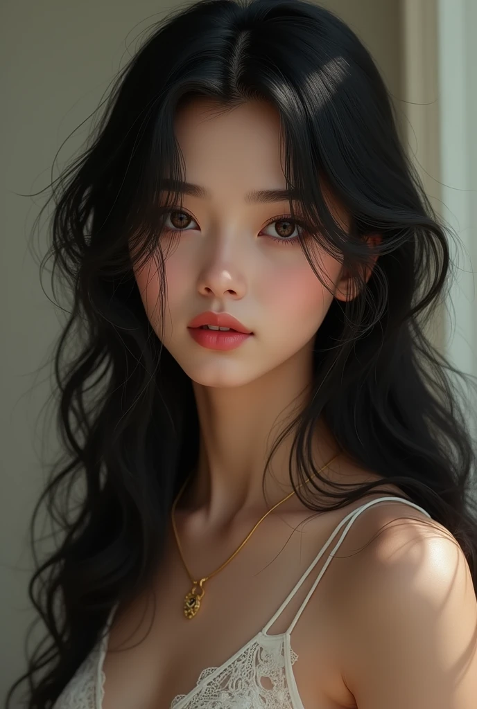 A girl, she has black hair, a triangle type face, long hair, her eyes looked like an Arabian girl eyes but she isn't Arabian. she's so beautiful
