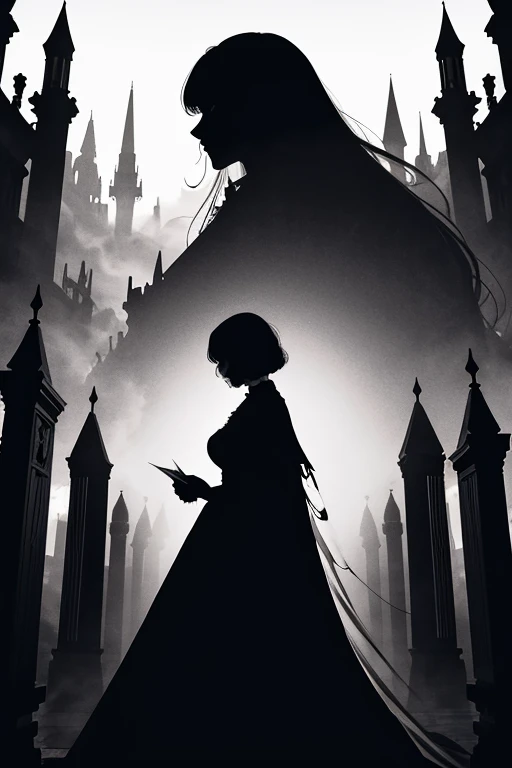 Sidney sime style, ink art, pen and ink, (Best Quality, masutepiece:1.2),(black and white comic core:1.1),(extreme high contrast), 8K, SILHOUETTE, Dark ink, 1 beautiful girl, side view, Profile, victorian_gothic_costume, bob_cut_hair, bangs, (Beautiful Hands), Very_beautiful_face, very_beautiful_eyes, even_eyes, ruins, Apocalypse, A walking big creature in the background, Seven trumpets, Surrealist art , dream-like, Mysterious, Provocative, symbolic, Complex,