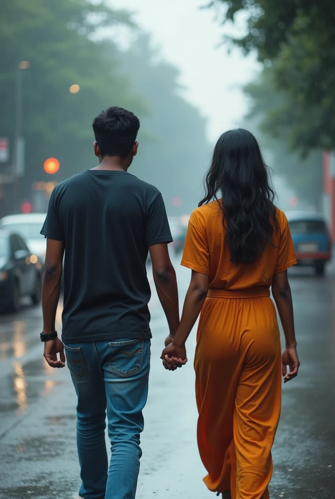A boy age 27 south India from andhrapradesh wear jeans and t-shirt dusky skin and there was a girl age 25 north India from mumbai looks very modern she wears western dress looks very beautiful and active. Both them are walking on Mumbai streets. The climate was full cloudy skies and drizzling.