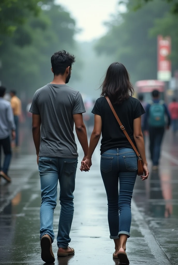 A boy age 27 south India from andhrapradesh wear jeans and t-shirt dusky skin and there was a girl age 25 north India from mumbai looks very modern she wears western dress looks very beautiful and active. Both them are walking on Mumbai streets. The climate was full cloudy skies and drizzling.
