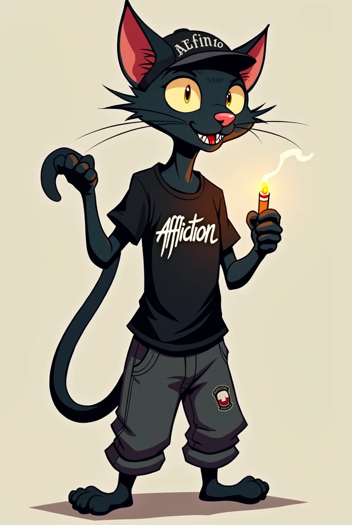 Make me a black cat with a black affliction t-shirt, with jnco pants and a black hat all in a lively but punk style, simple en 2d en png, Also that he is skinny and holding a cigarette, that has his mouth open as if he were saying something carefree 
