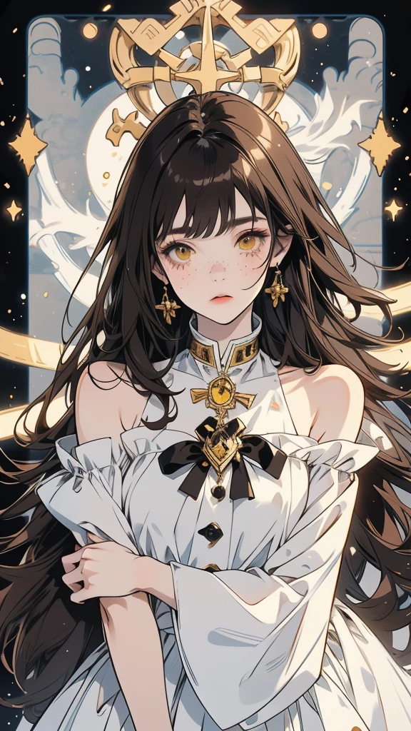 anime girl 20 years old with narrow yellow eyes, a smoll mole under the eye, bruises under the eye, inconspicuous freckles on the nose, straight dark brown hair below the shoulders and oblique long bangs covering the left eye, pale skin, tired look, breasts of the second size, low height, 4k