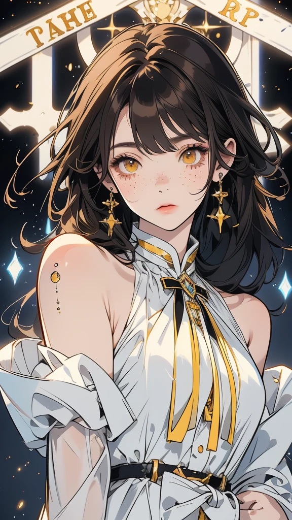 anime girl 20 years old with narrow yellow eyes, a smoll mole under the eye, bruises under the eye, inconspicuous freckles on the nose, straight dark brown hair below the shoulders and oblique long bangs covering the left eye, pale skin, tired look, breasts of the second size, low height, 4k
