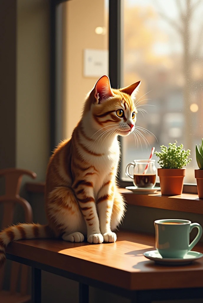 Cat drinking coffee in a coffee shop、art [By Esau Andrews]