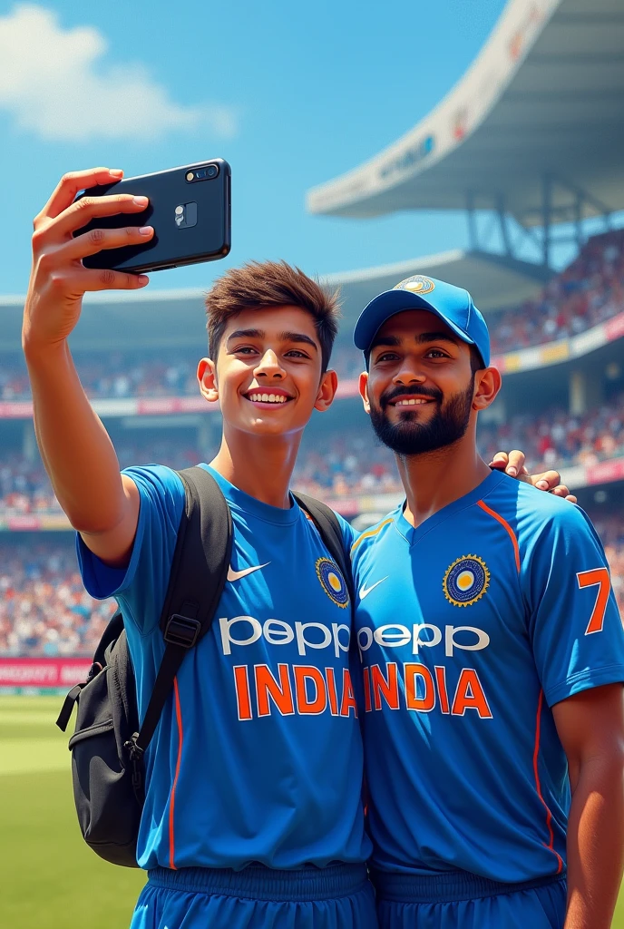 India cricket fan 20 Year old cute boy wearing India cricket T shirt kit number 7 with name "SANDIP" write on back, boy standing with MS DHONI, MS DHONI wearing India cricket t shirt with name DHONI, The boy is holding a iphone 15 pro max mobile and taking a selfie with him in cricket stadium, art painting realistic photo holographic picture