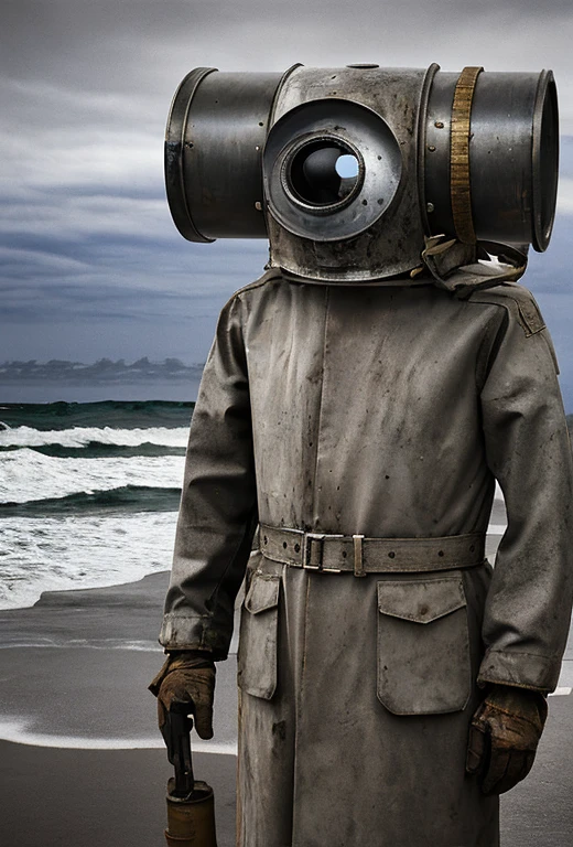 
Portrait of an old robot with round lens portholes. He is wearing an old raincoat with a belt, a gas mask and boots on his head. He looks at the waves of the sea. Despair. The images are of the highest quality, high resolution, ultra-detailed. A post-apocalyptic atmosphere. Torn clothes, rusty metal. Cinematic effect, soft light, soft shadows.