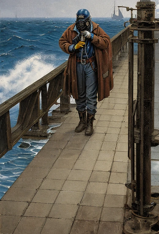 Portrait of an old robot with round lens portholes. He is wearing an old raincoat with a belt, a gas mask and boots on his head. He looks at the waves of the sea. Despair. The images are of the highest quality, high resolution, ultra-detailed. A post-apocalyptic atmosphere. Torn clothes, rusty metal. Cinematic effect, soft light, soft shadows.
